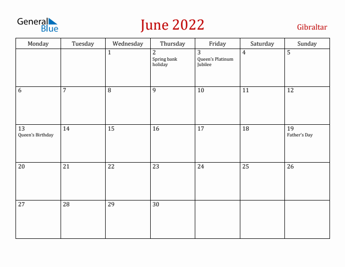 Gibraltar June 2022 Calendar - Monday Start