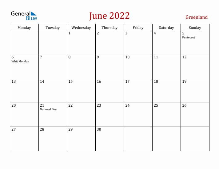 Greenland June 2022 Calendar - Monday Start