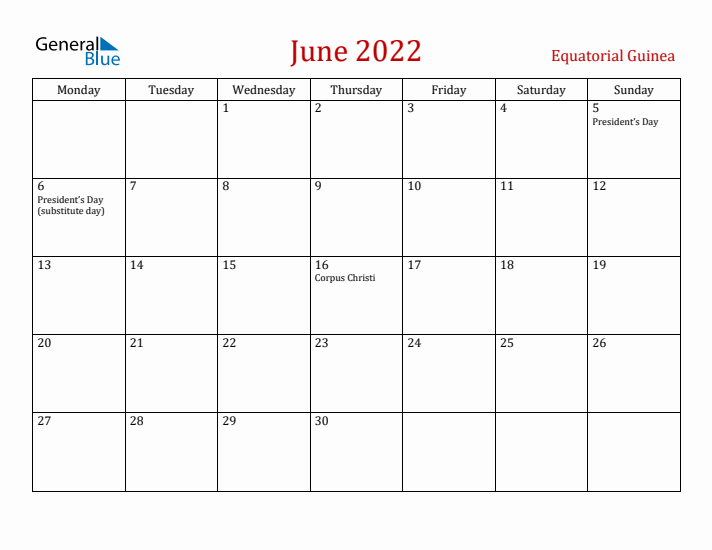 Equatorial Guinea June 2022 Calendar - Monday Start
