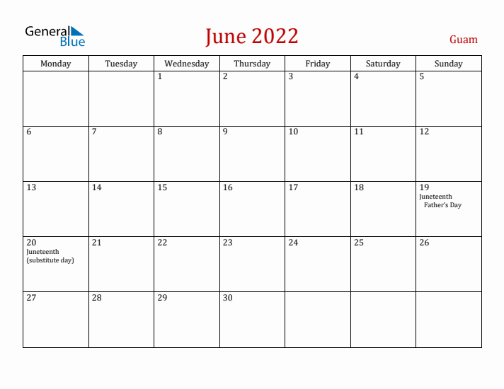 Guam June 2022 Calendar - Monday Start