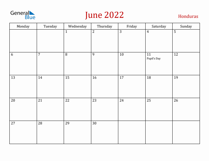Honduras June 2022 Calendar - Monday Start