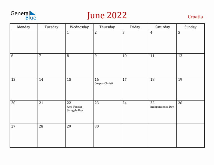 Croatia June 2022 Calendar - Monday Start
