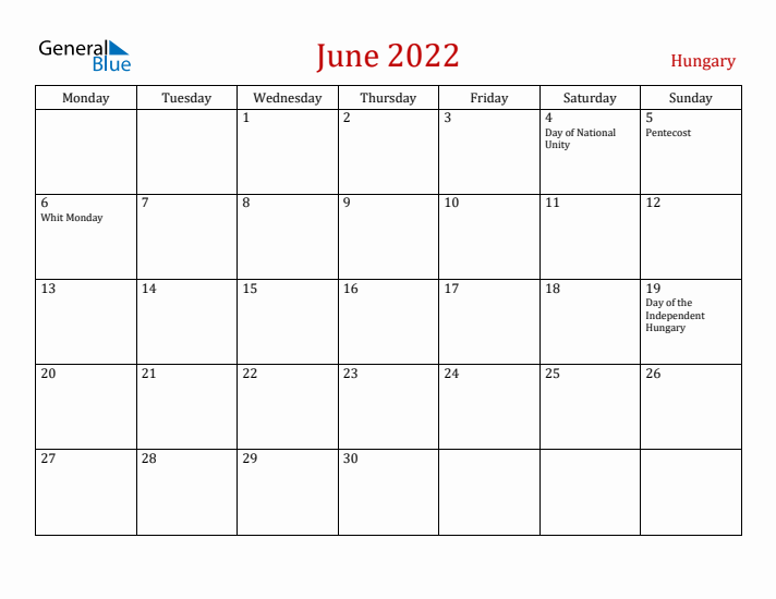 Hungary June 2022 Calendar - Monday Start