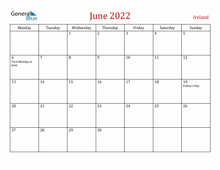 Ireland June 2022 Calendar - Monday Start
