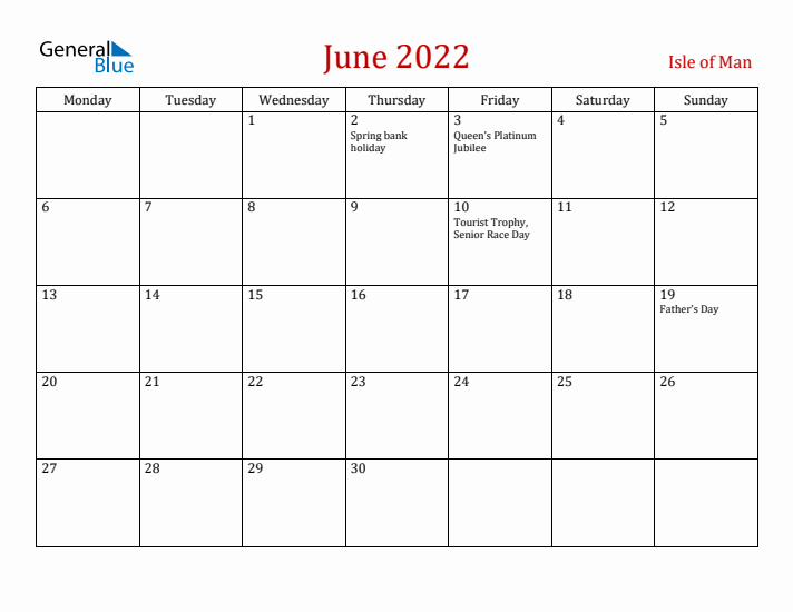 Isle of Man June 2022 Calendar - Monday Start