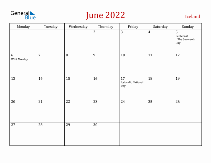 Iceland June 2022 Calendar - Monday Start
