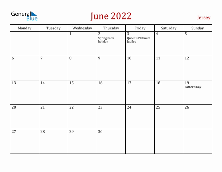 Jersey June 2022 Calendar - Monday Start