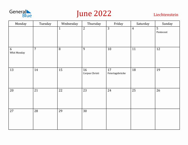 Liechtenstein June 2022 Calendar - Monday Start