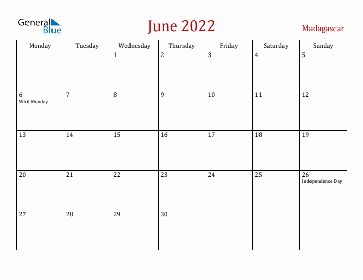Madagascar June 2022 Calendar - Monday Start