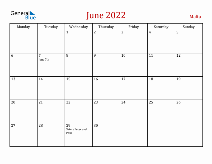 Malta June 2022 Calendar - Monday Start