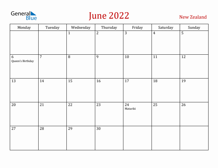 New Zealand June 2022 Calendar - Monday Start