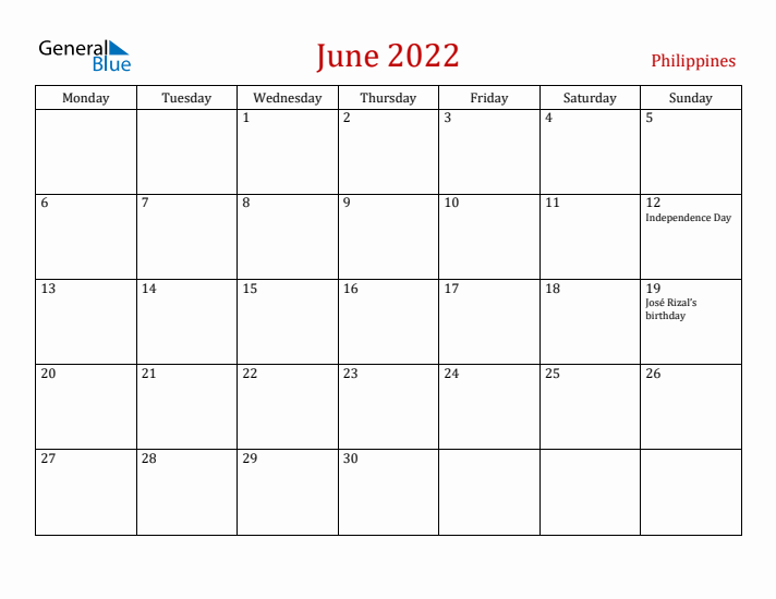 Philippines June 2022 Calendar - Monday Start