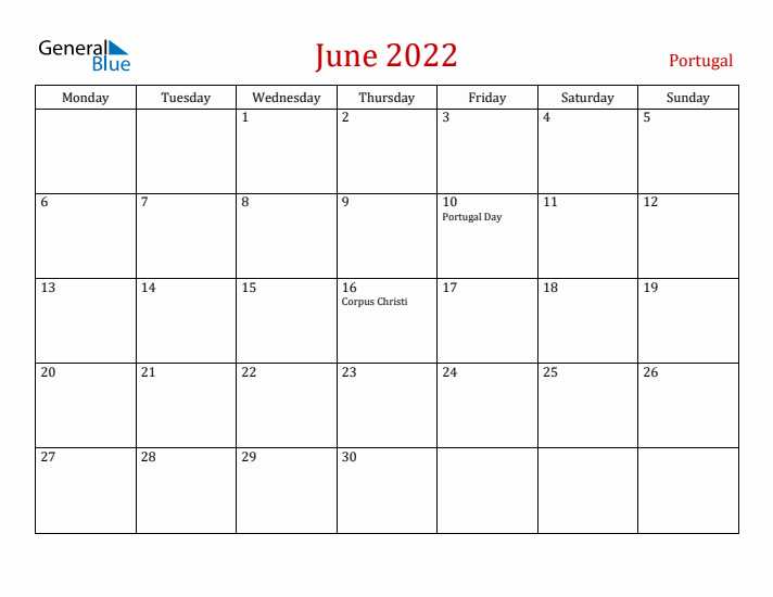 Portugal June 2022 Calendar - Monday Start