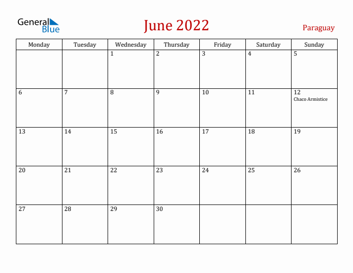 Paraguay June 2022 Calendar - Monday Start