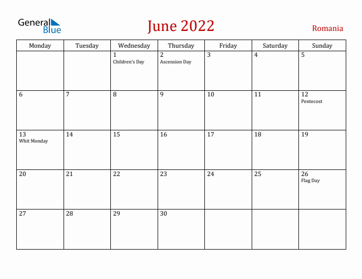 Romania June 2022 Calendar - Monday Start