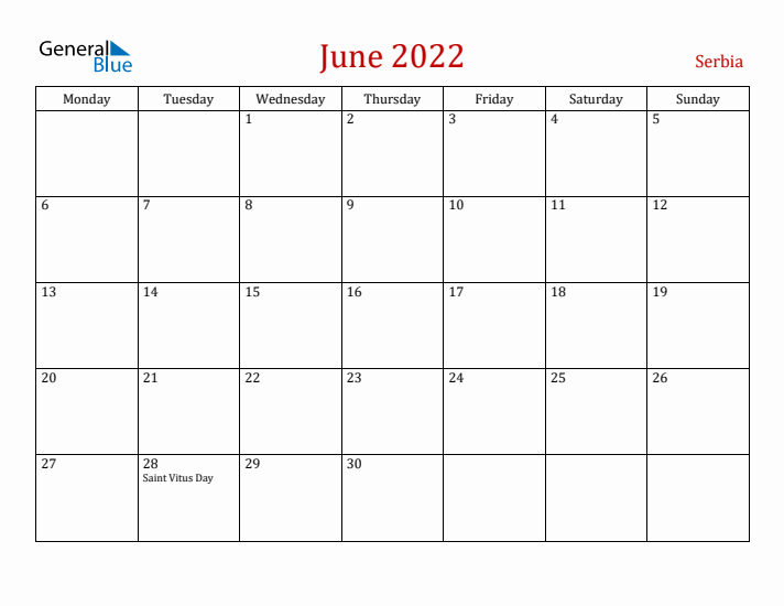 Serbia June 2022 Calendar - Monday Start