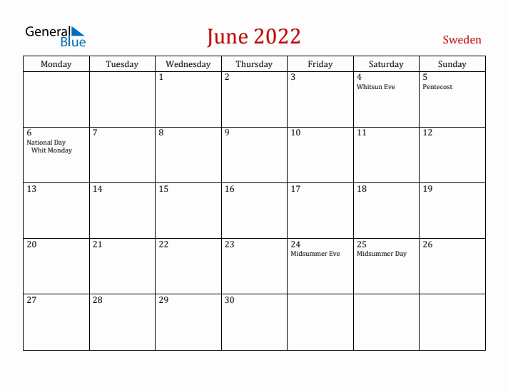 Sweden June 2022 Calendar - Monday Start