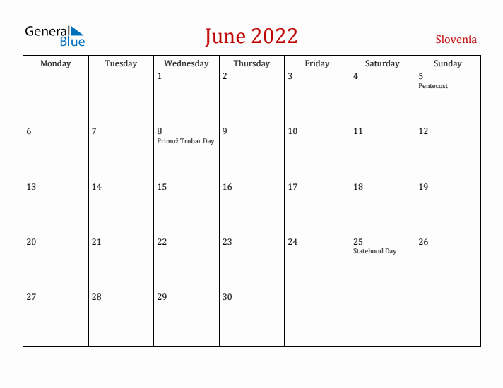 Slovenia June 2022 Calendar - Monday Start