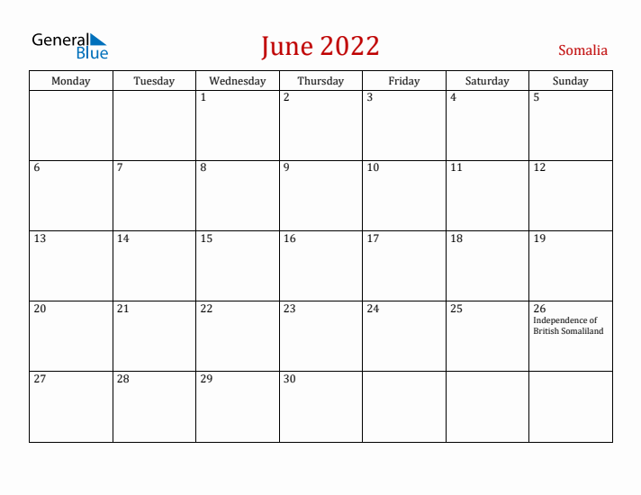 Somalia June 2022 Calendar - Monday Start