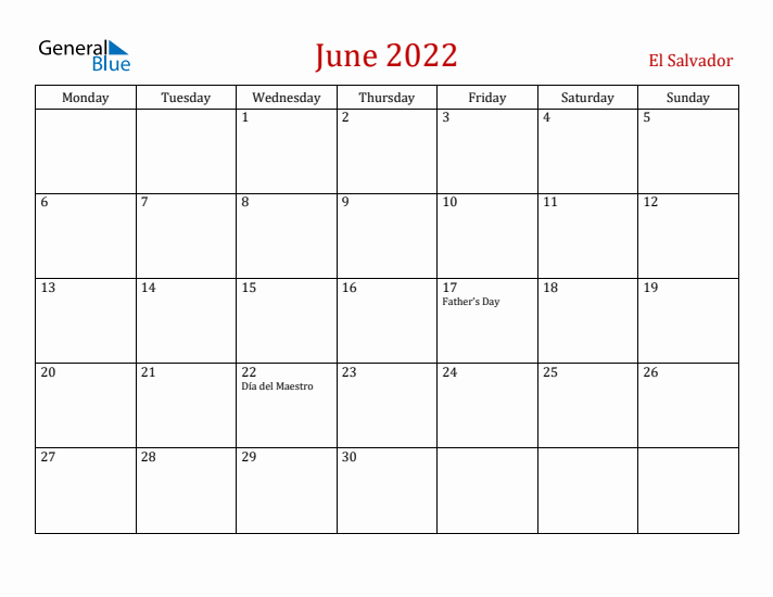 El Salvador June 2022 Calendar - Monday Start