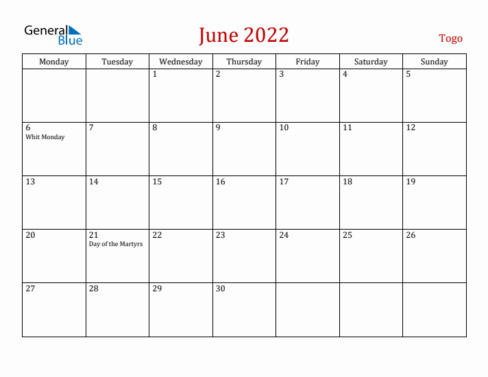 Togo June 2022 Calendar - Monday Start