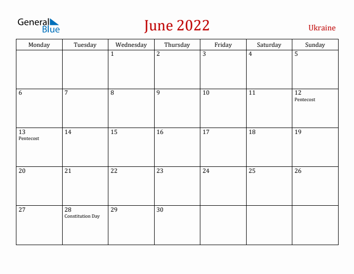 Ukraine June 2022 Calendar - Monday Start