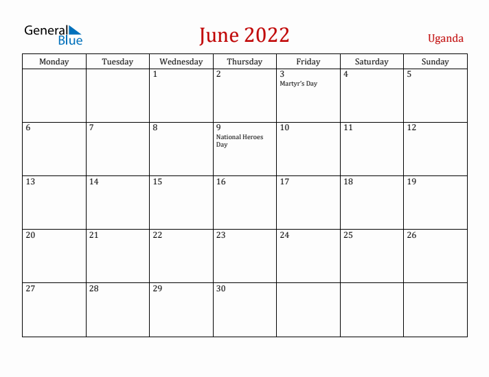 Uganda June 2022 Calendar - Monday Start