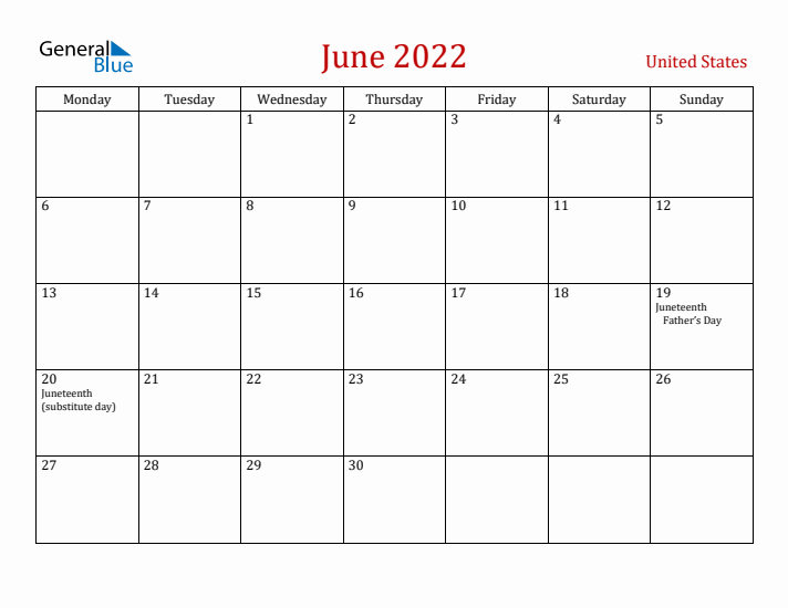 United States June 2022 Calendar - Monday Start
