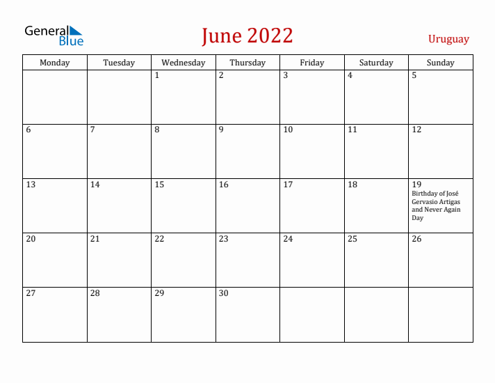 Uruguay June 2022 Calendar - Monday Start