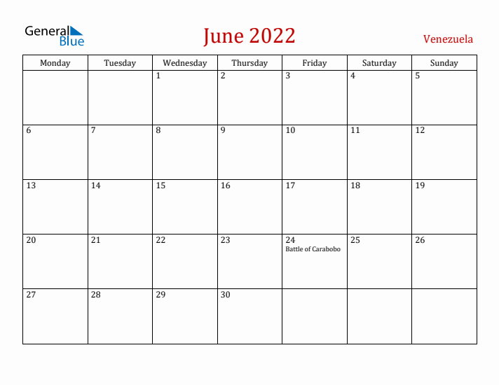 Venezuela June 2022 Calendar - Monday Start