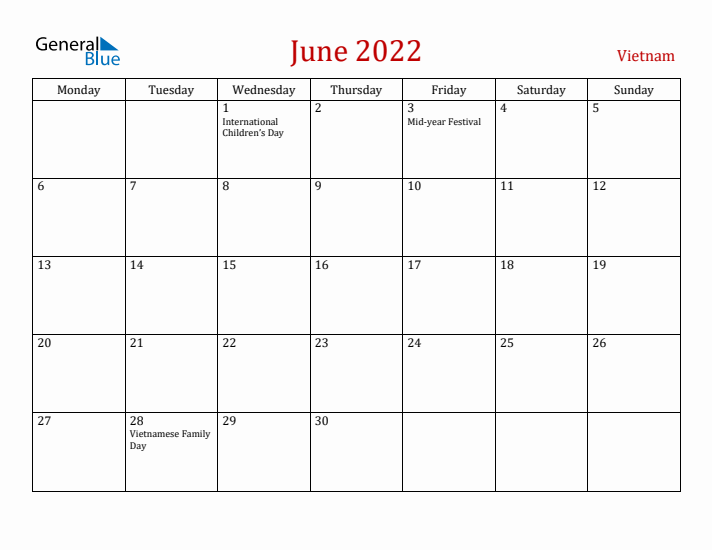 Vietnam June 2022 Calendar - Monday Start