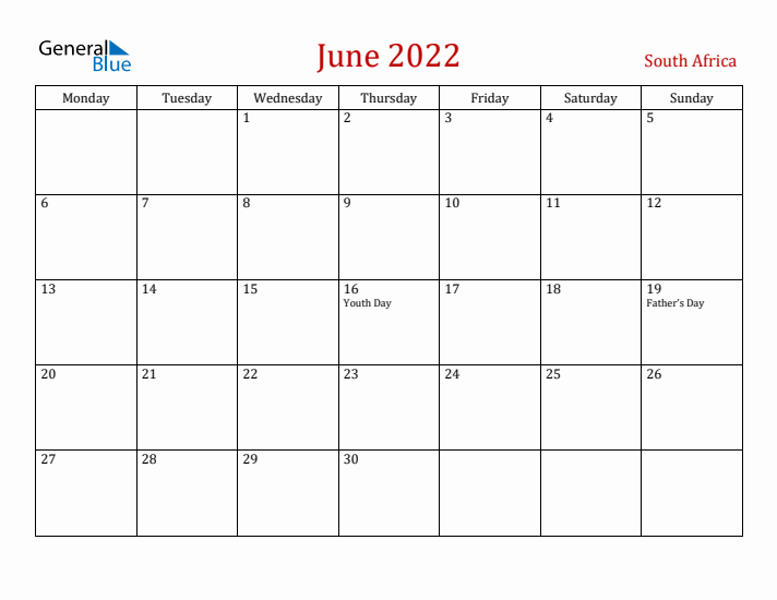 South Africa June 2022 Calendar - Monday Start