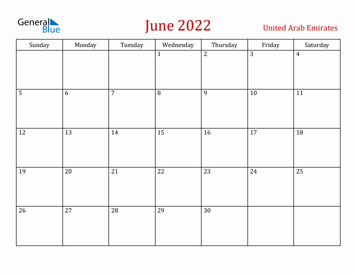 United Arab Emirates June 2022 Calendar - Sunday Start