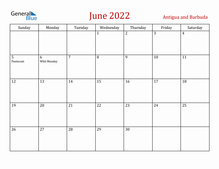 Antigua and Barbuda June 2022 Calendar - Sunday Start