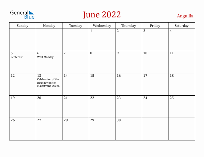 Anguilla June 2022 Calendar - Sunday Start