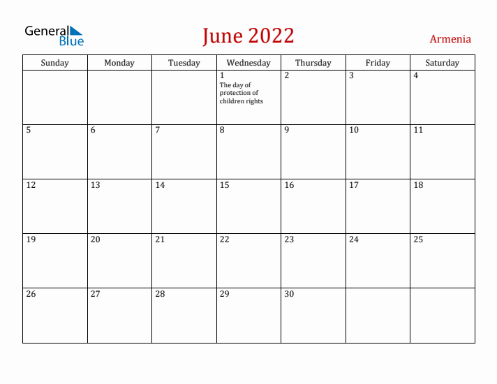 Armenia June 2022 Calendar - Sunday Start