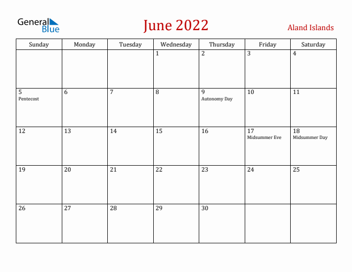 Aland Islands June 2022 Calendar - Sunday Start