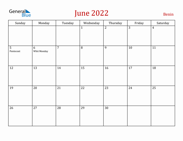 Benin June 2022 Calendar - Sunday Start