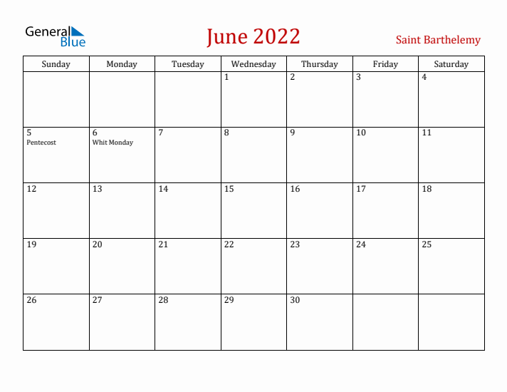 Saint Barthelemy June 2022 Calendar - Sunday Start