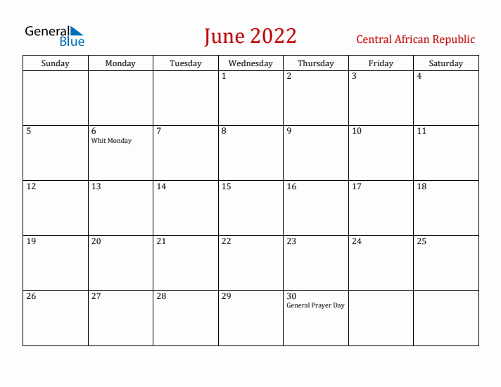 Central African Republic June 2022 Calendar - Sunday Start