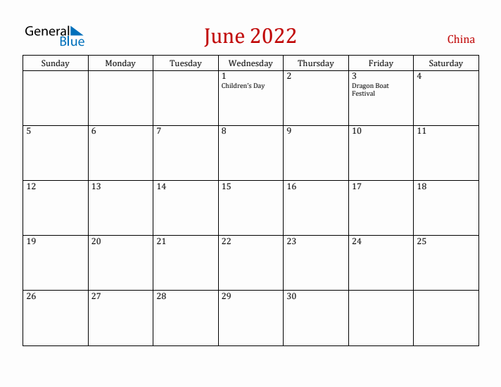 China June 2022 Calendar - Sunday Start