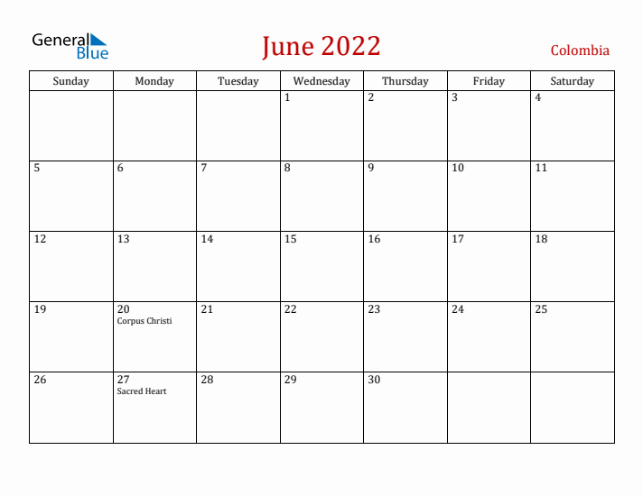 Colombia June 2022 Calendar - Sunday Start