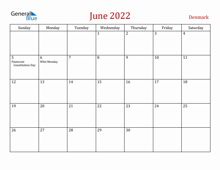 Denmark June 2022 Calendar - Sunday Start