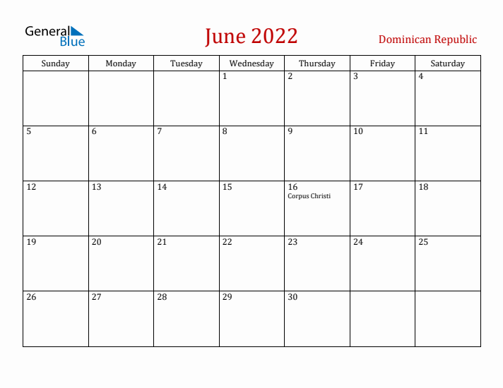Dominican Republic June 2022 Calendar - Sunday Start