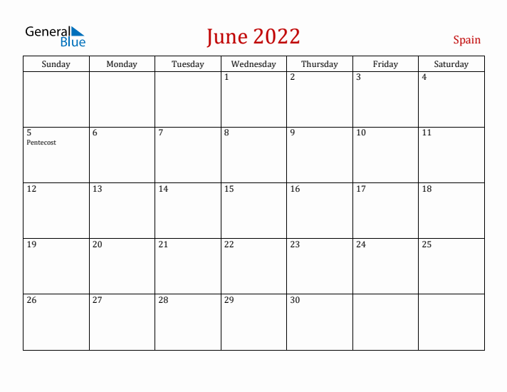 Spain June 2022 Calendar - Sunday Start