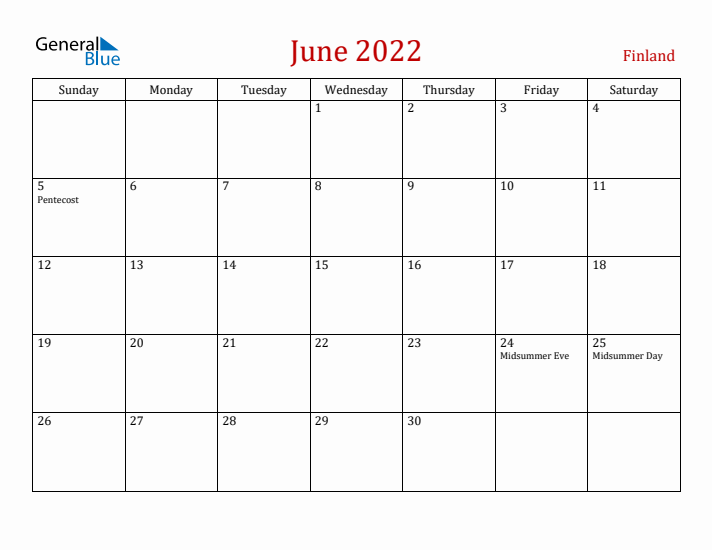 Finland June 2022 Calendar - Sunday Start