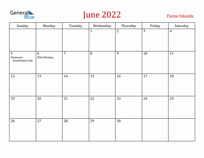 Faroe Islands June 2022 Calendar - Sunday Start