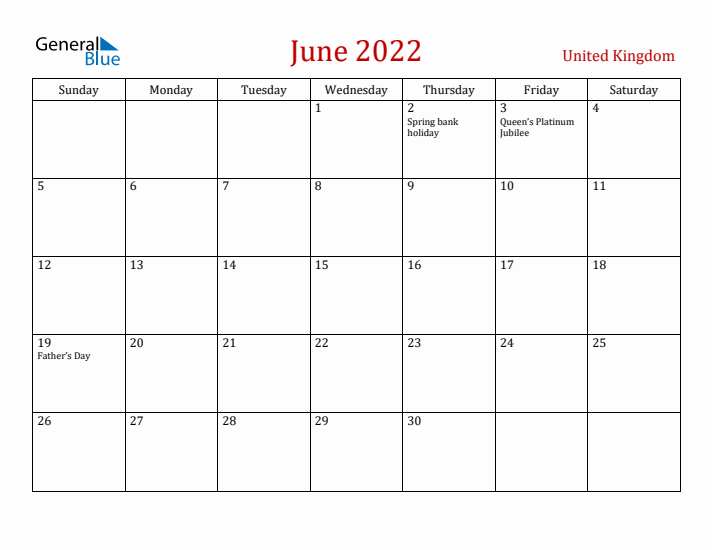 United Kingdom June 2022 Calendar - Sunday Start