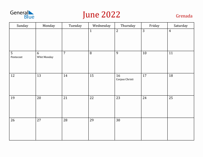 Grenada June 2022 Calendar - Sunday Start