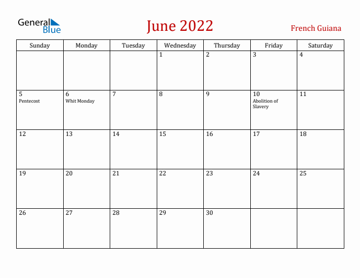 French Guiana June 2022 Calendar - Sunday Start